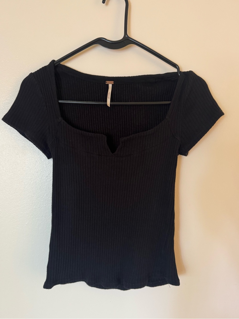 Free People Black Ribbed Square Neck Short Sleeve Top